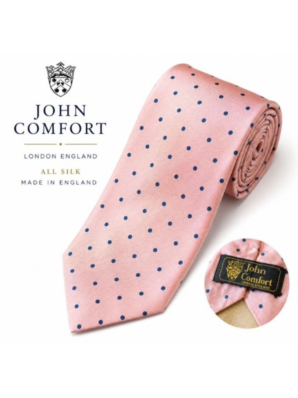 Vintage John Comfort Silk Tie Pink Navy Polka Dot England - Picture 2 of 11